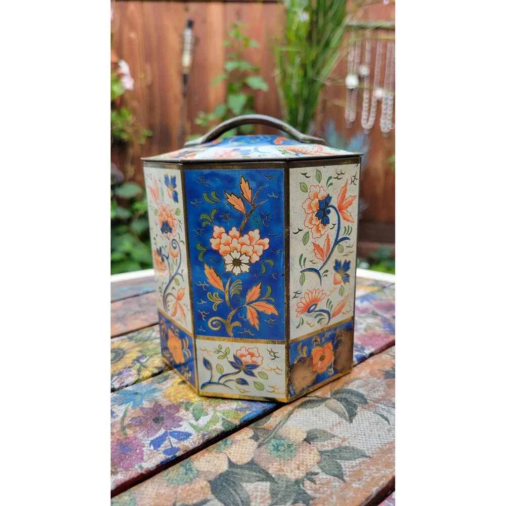 Vintage Edward Sharp & Sons Toffee Tin Octagonal Floral Chinoiserie Design